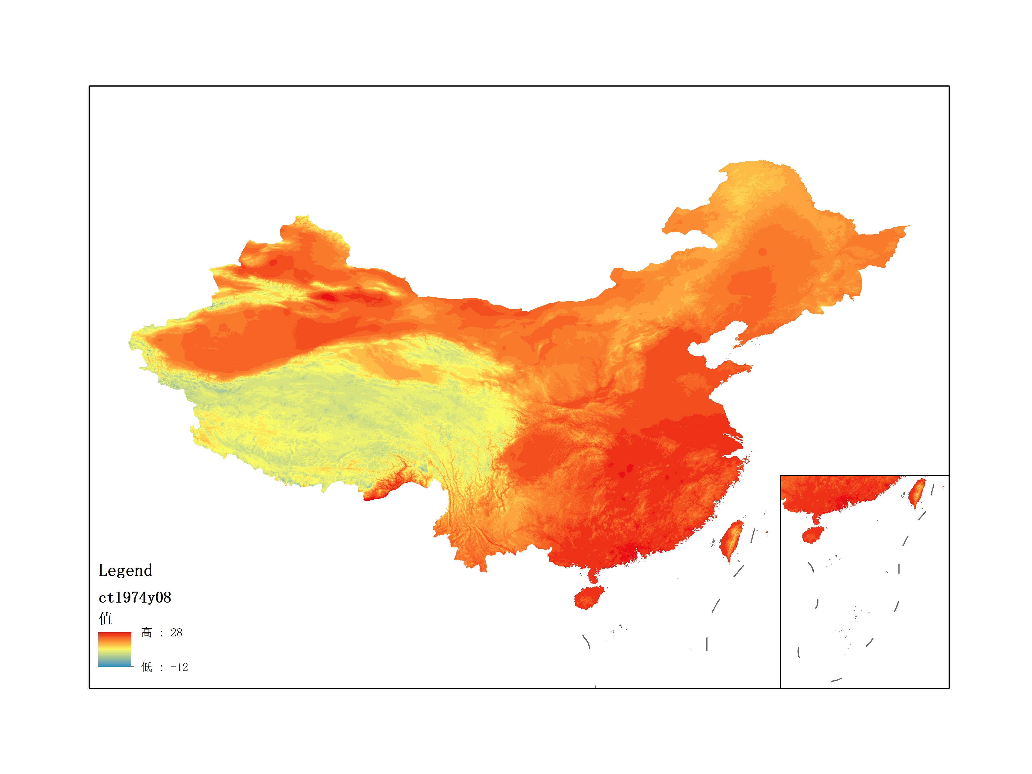 Monthly mean temperature for August 1974(by level)