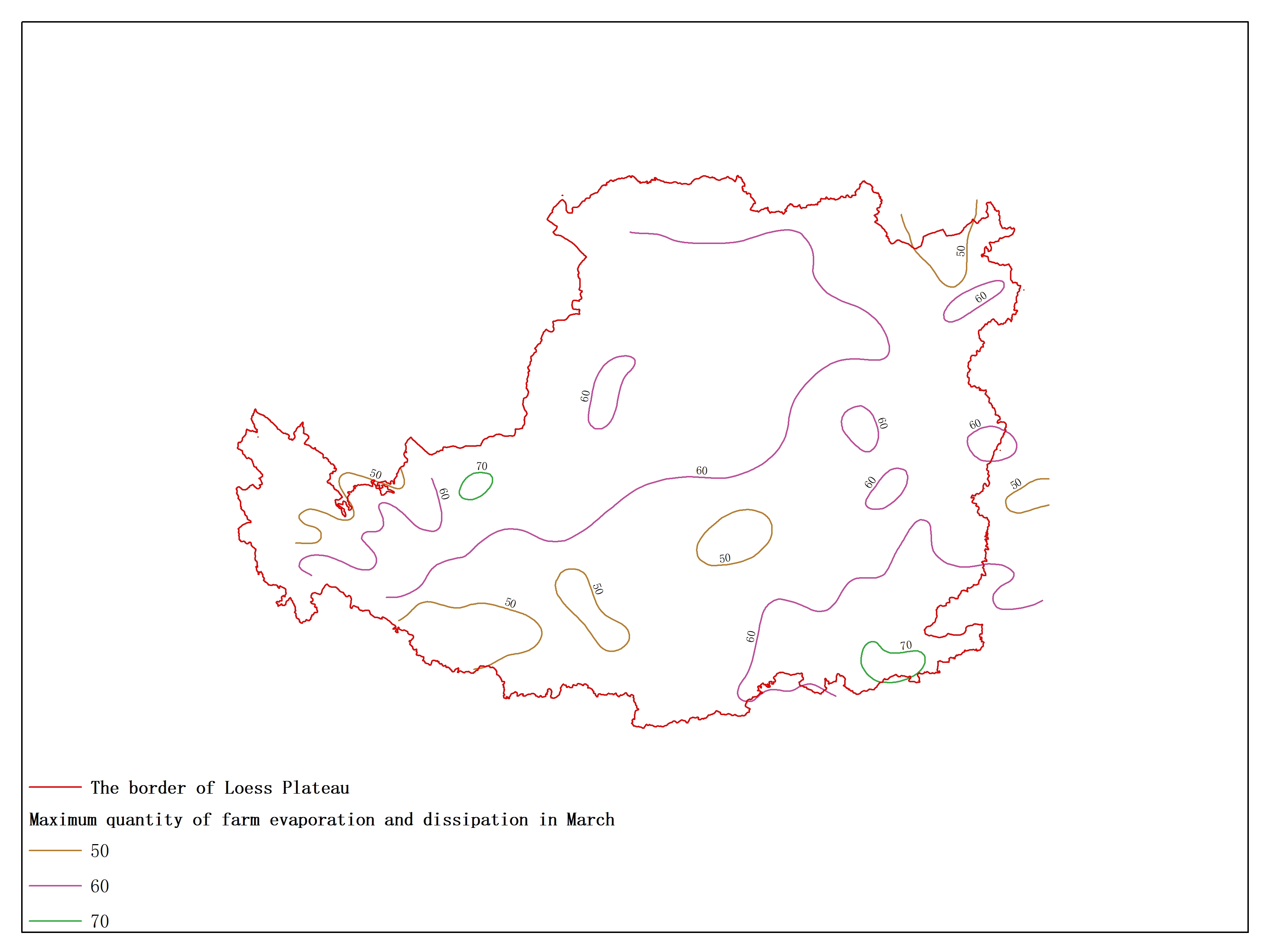 Agricultural climate resource atlas of Loess Plateau-Maximum quantity of farm evaporation and dissipation in March