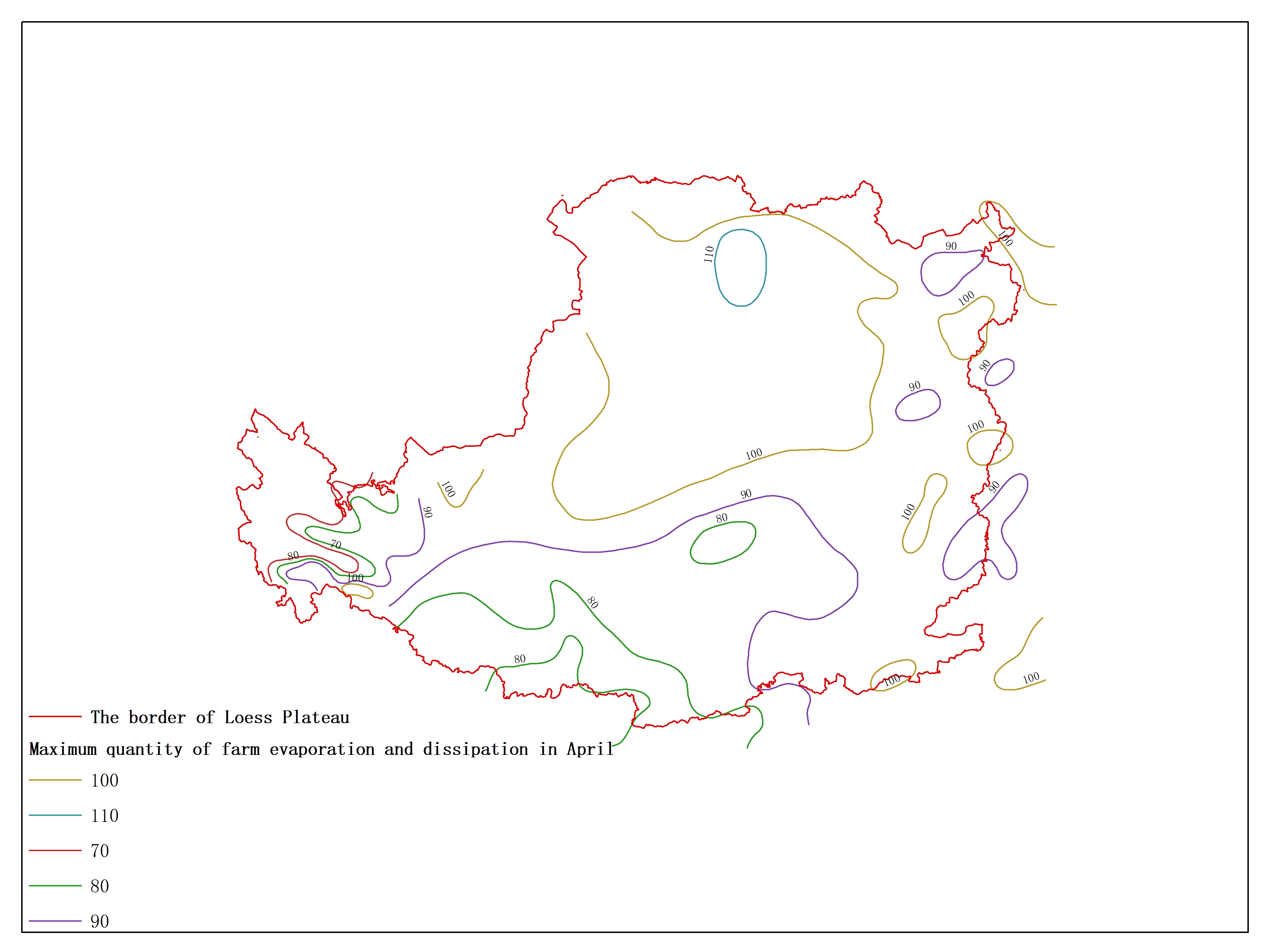 Agricultural climate resource atlas of Loess Plateau-Maximum quantity of farm evaporation and dissipation in April