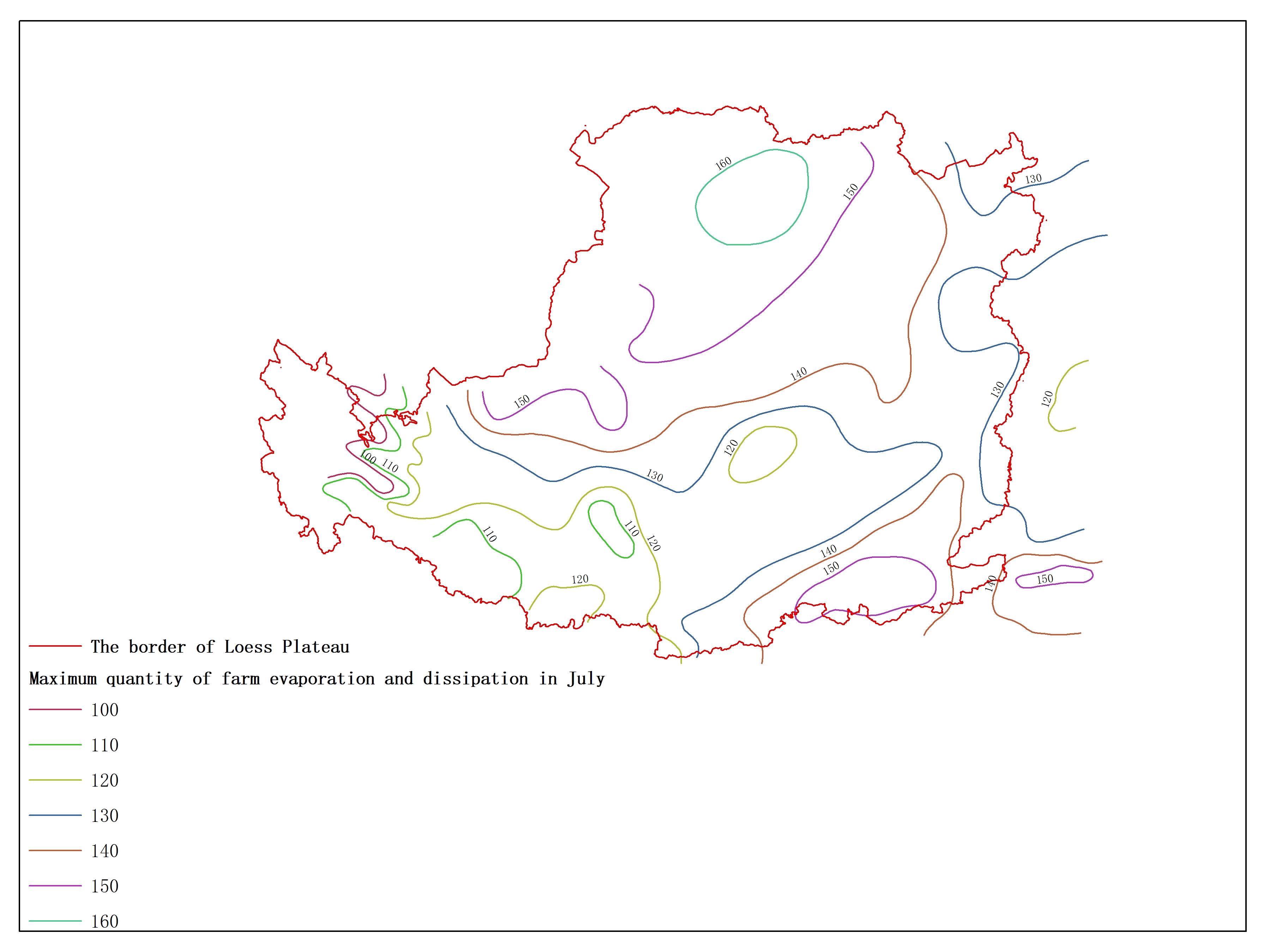 Agricultural climate resource atlas of Loess Plateau-Maximum quantity of farm evaporation and dissipation in July