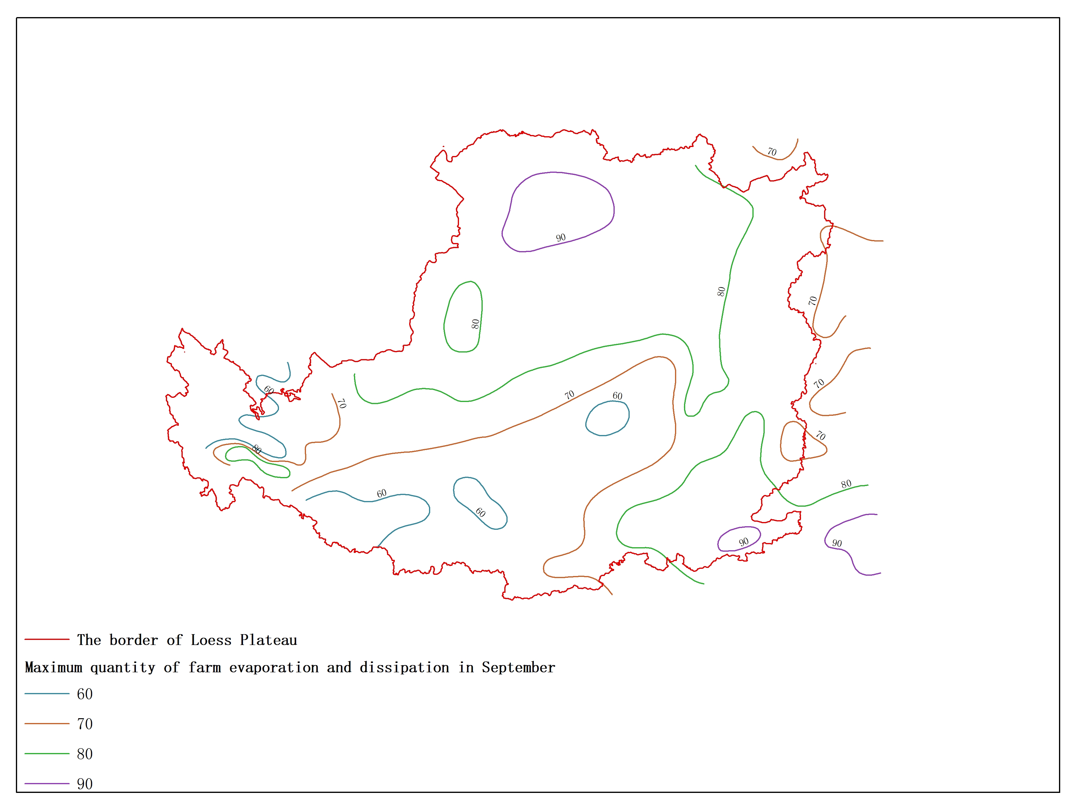 Agricultural climate resource atlas of Loess Plateau-Maximum quantity of farm evaporation and dissipation in September