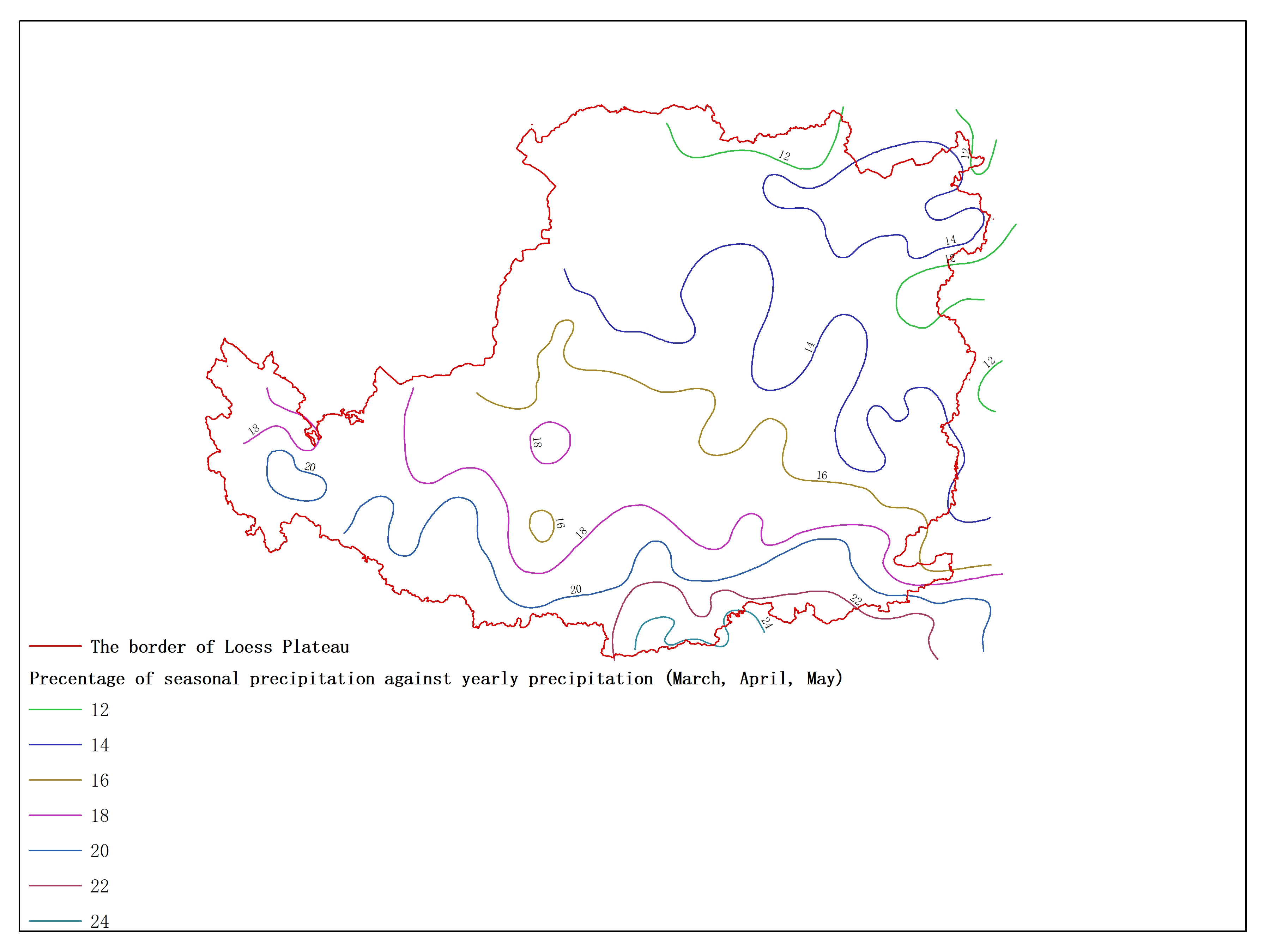 Agricultural climate resource atlas of Loess Plateau-Precentage of seasonal precipitation against yearly precipitation (March, April, May)