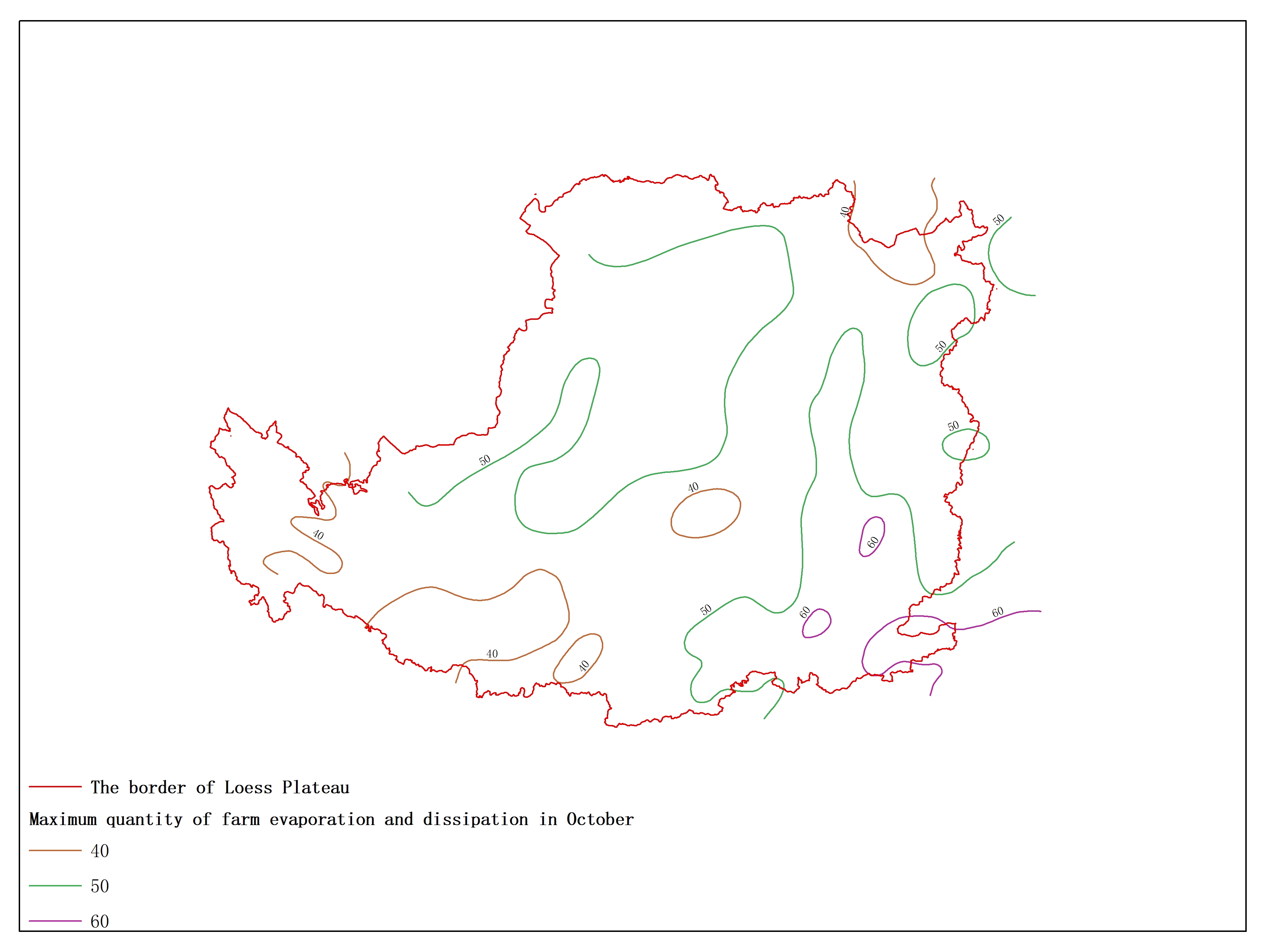 Agricultural climate resource atlas of Loess Plateau-Maximum quantity of farm evaporation and dissipation in October