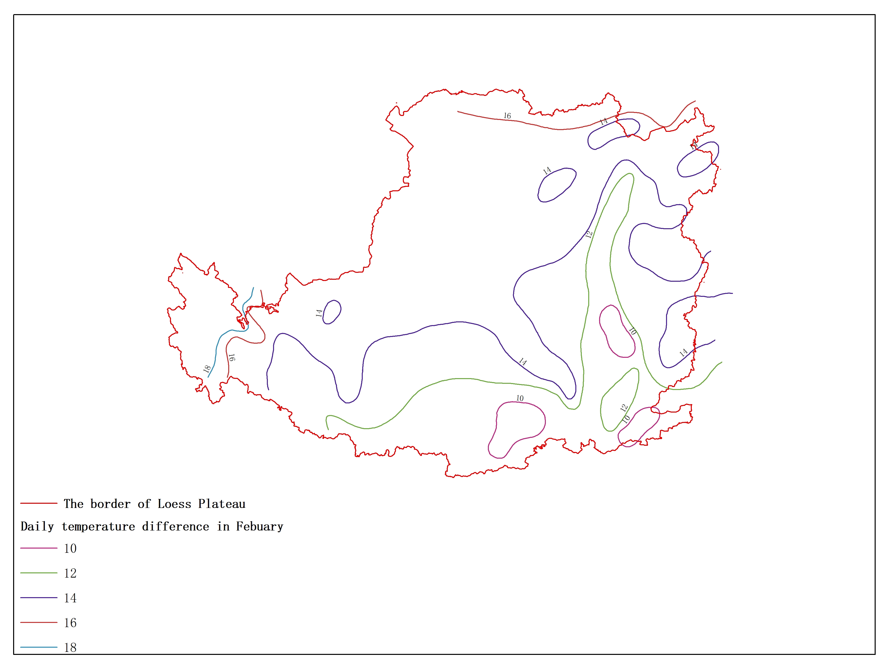 Agricultural climate resource atlas of Loess Plateau-Daily temperature difference in February