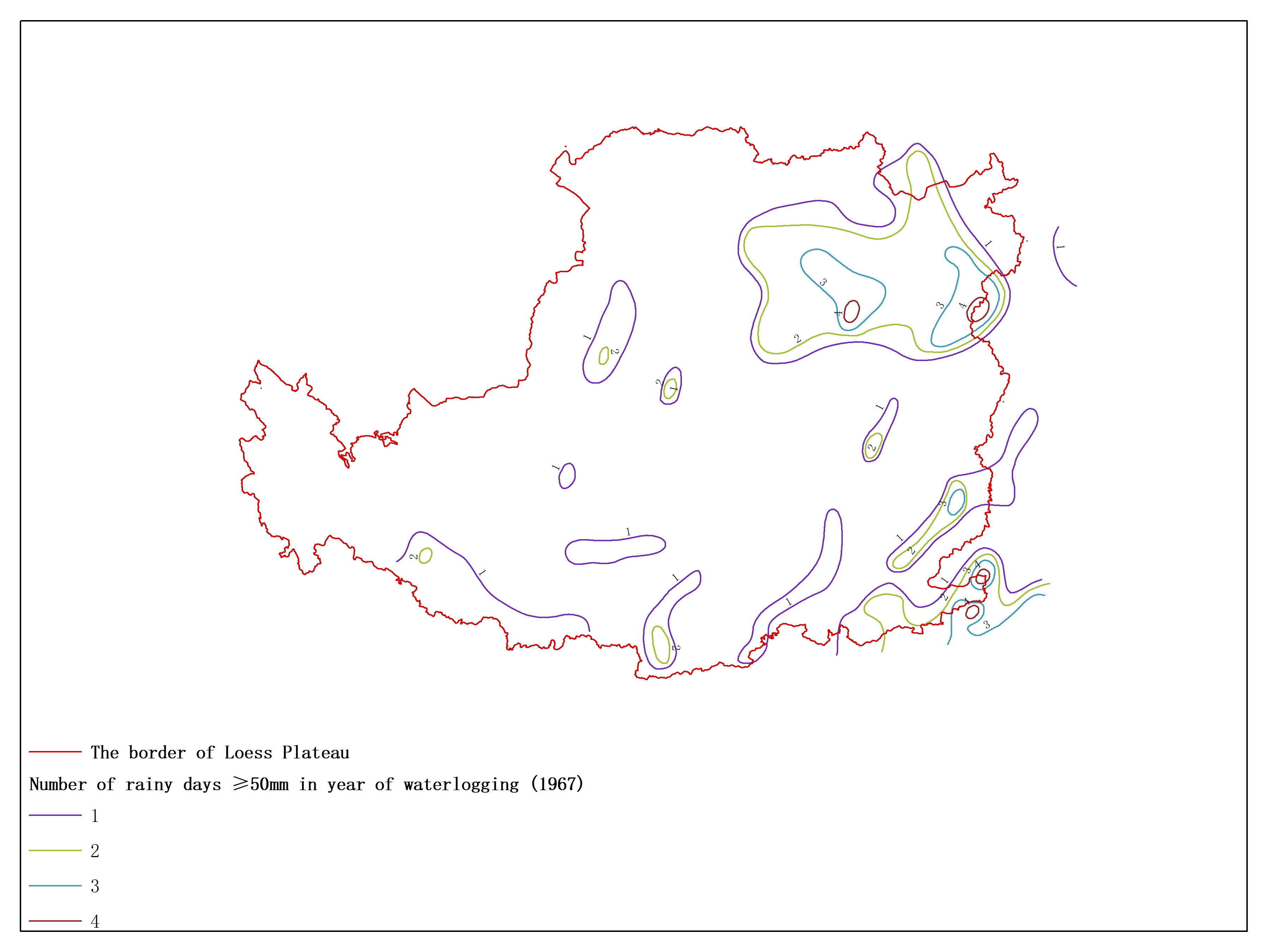 Agricultural climate resource atlas of Loess Plateau-Number of rainy days ≥50mm in year of waterlogging (1967)