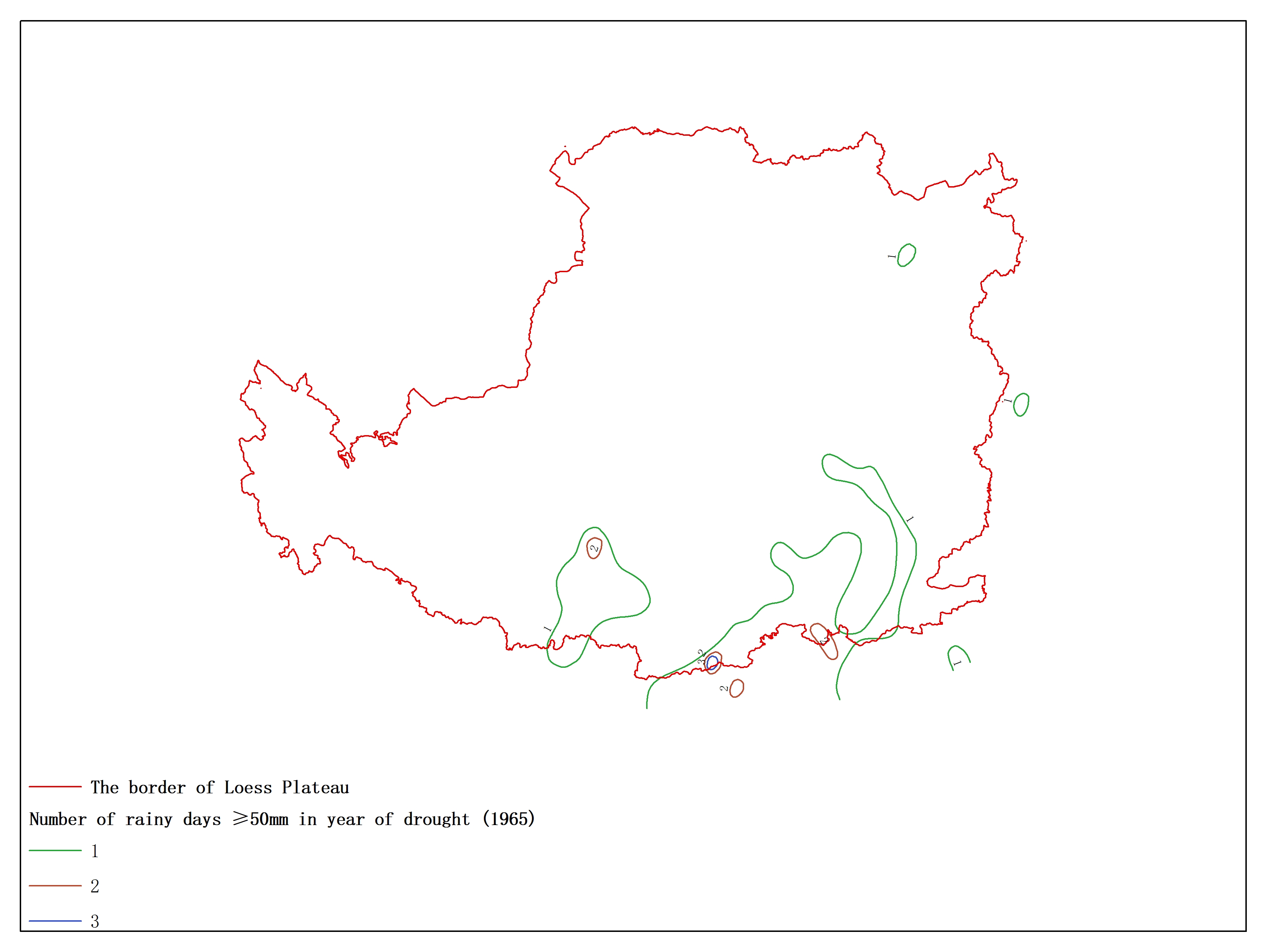 Agricultural climate resource atlas of Loess Plateau-Number of rainy days ≥50mm in year of drought (1965)
