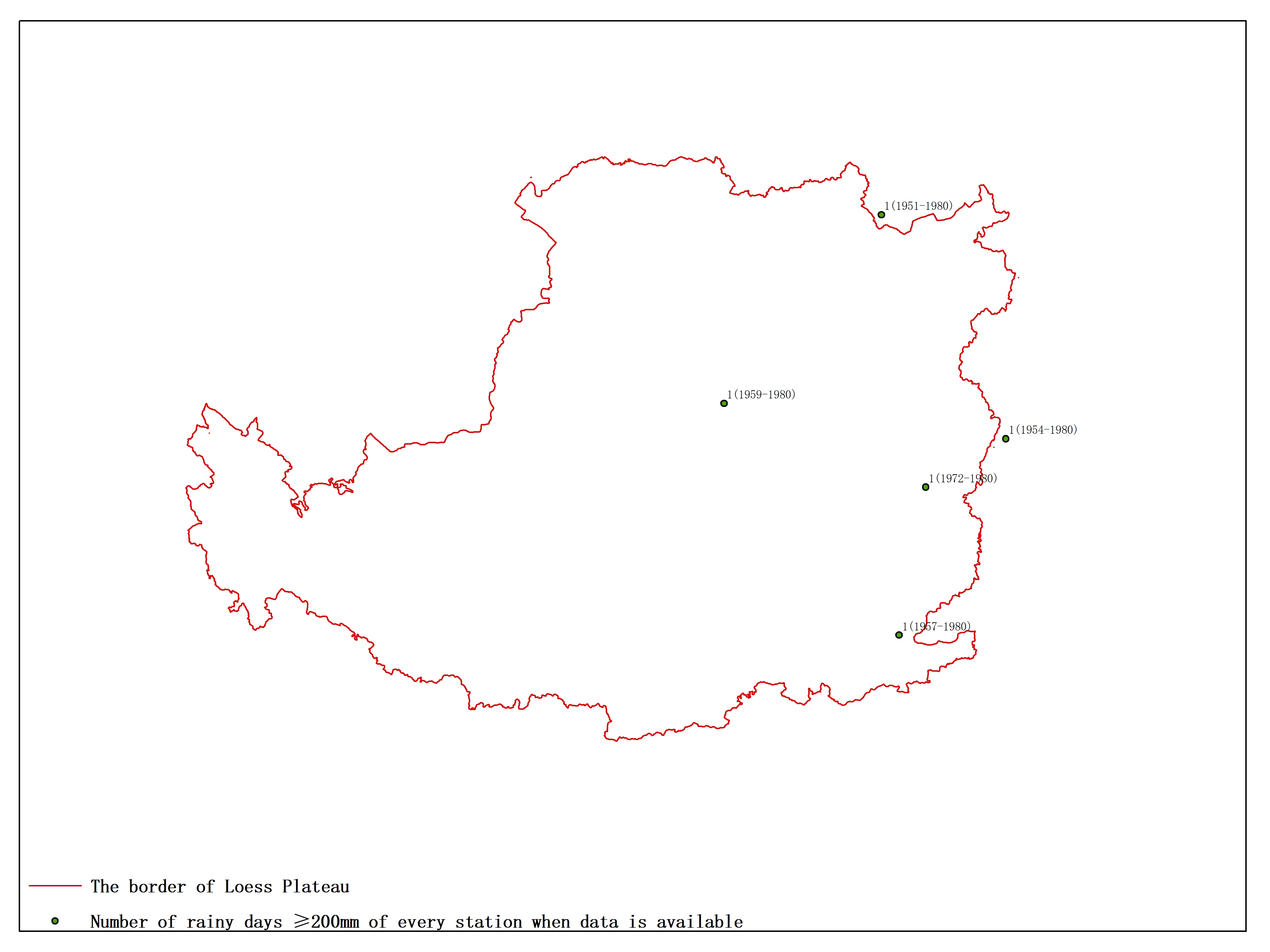 Agricultural climate resource atlas of Loess Plateau-Number of rainy days ≥200mm of every station when data is available