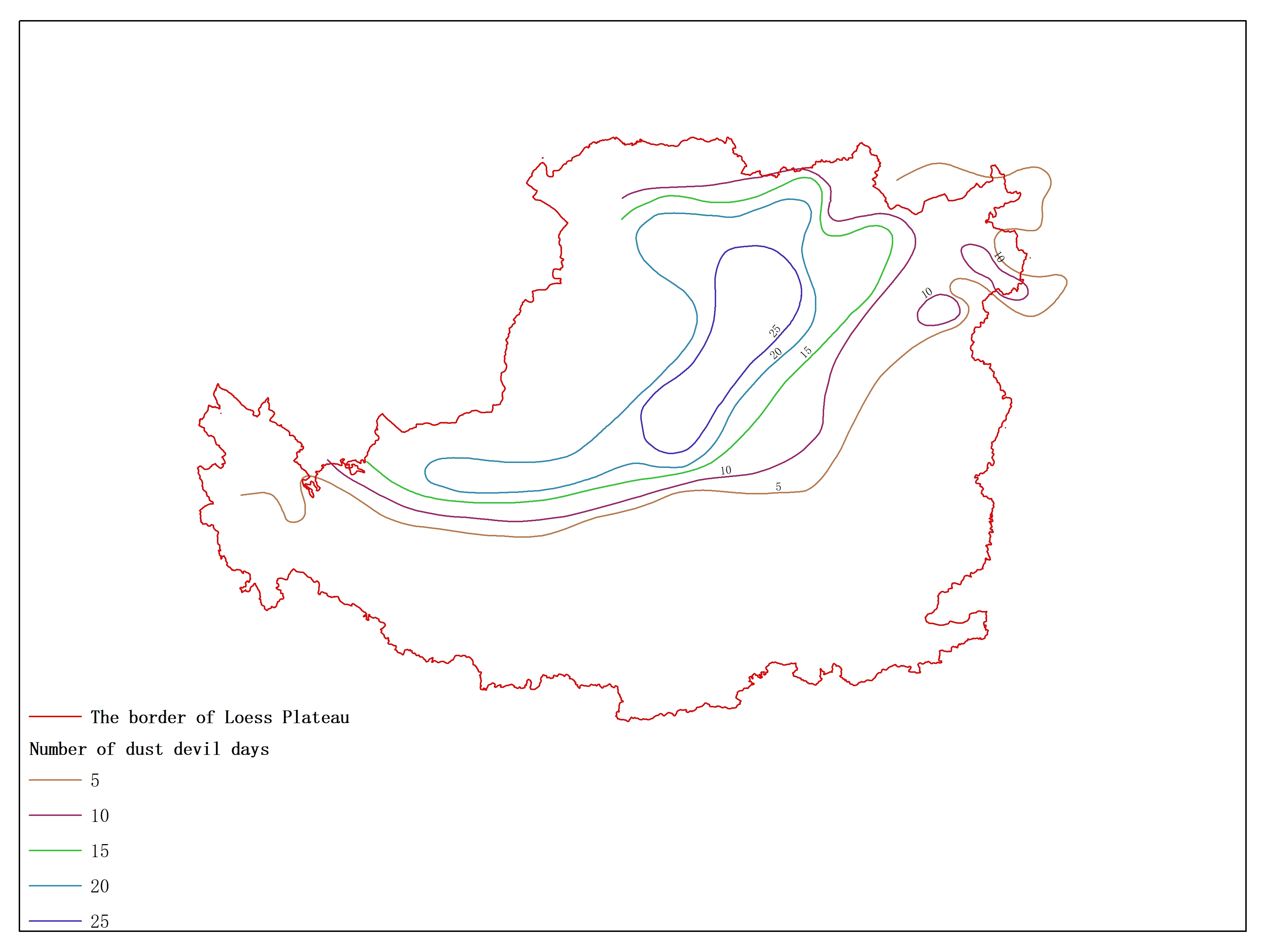 Agricultural climate resource atlas of Loess Plateau-Number of dust devil days