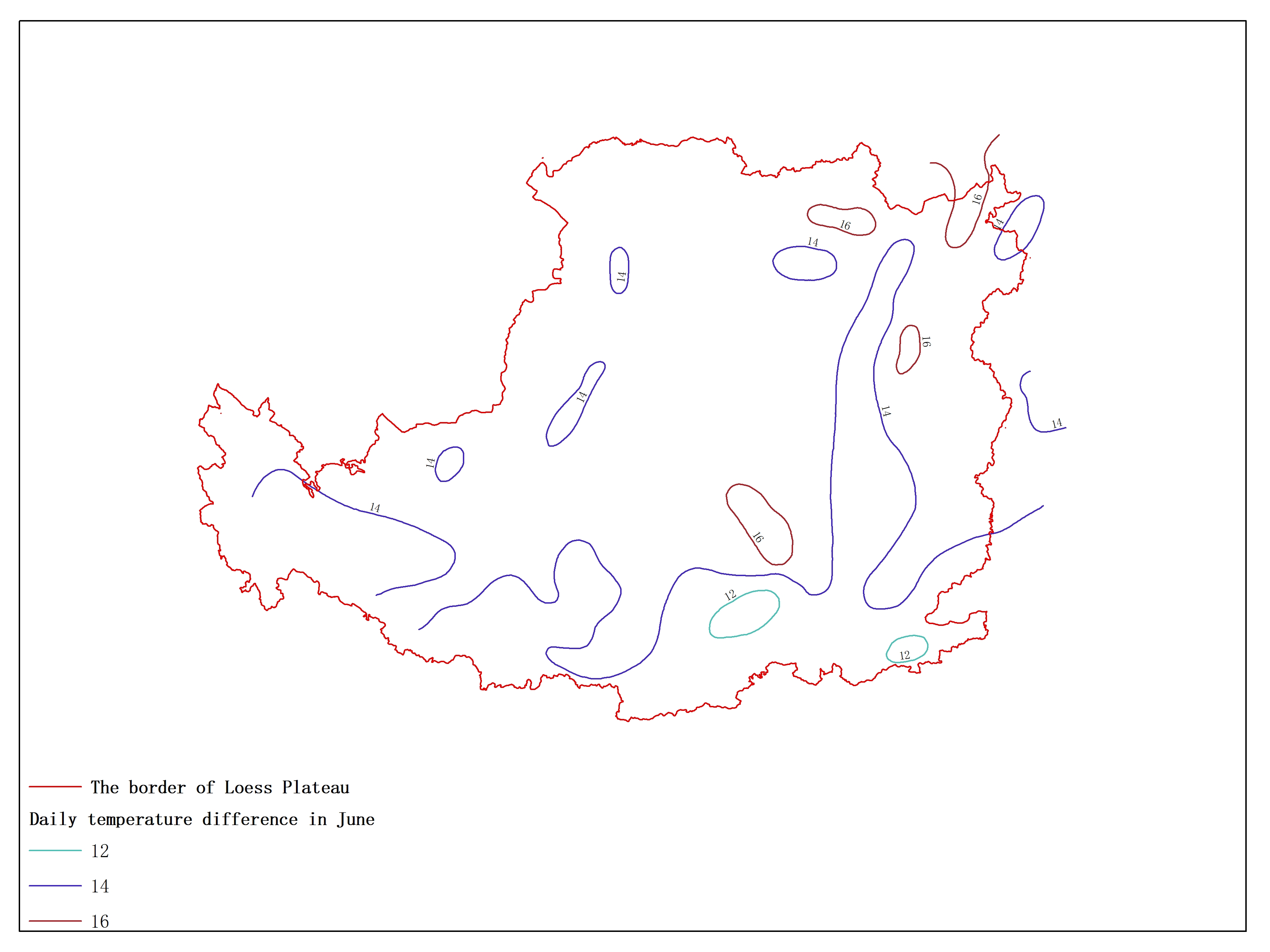 Agricultural climate resource atlas of Loess Plateau-Daily temperature difference in June
