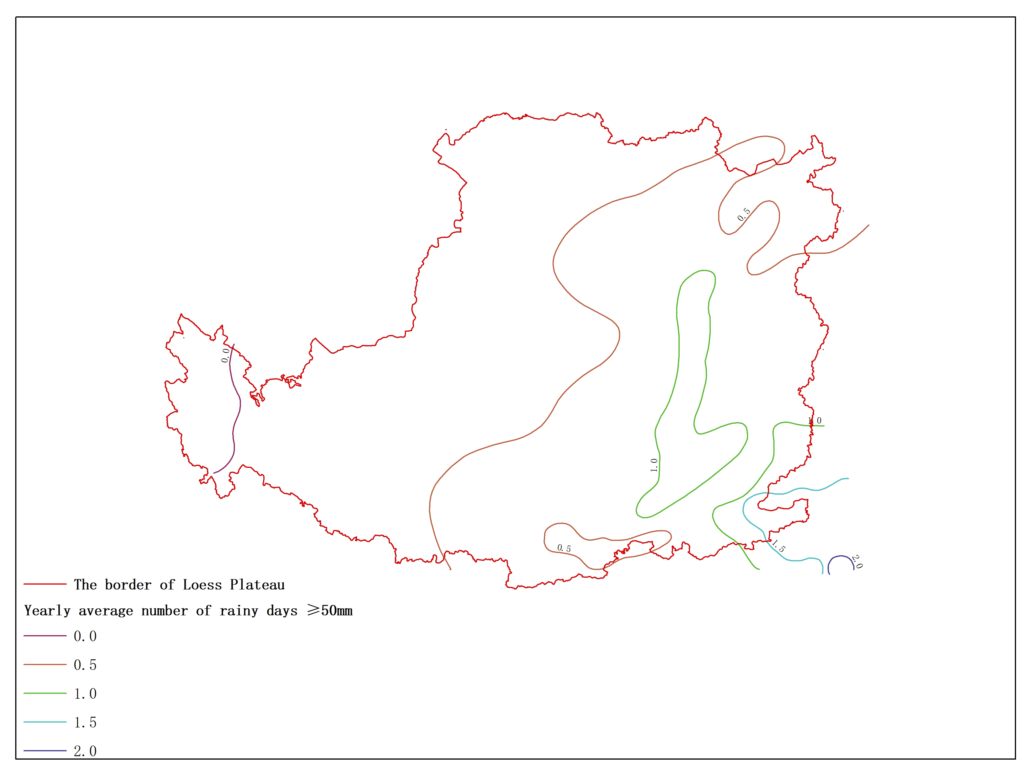 Agricultural climate resource atlas of Loess Plateau-Yearly average number of rainy days ≥50mm