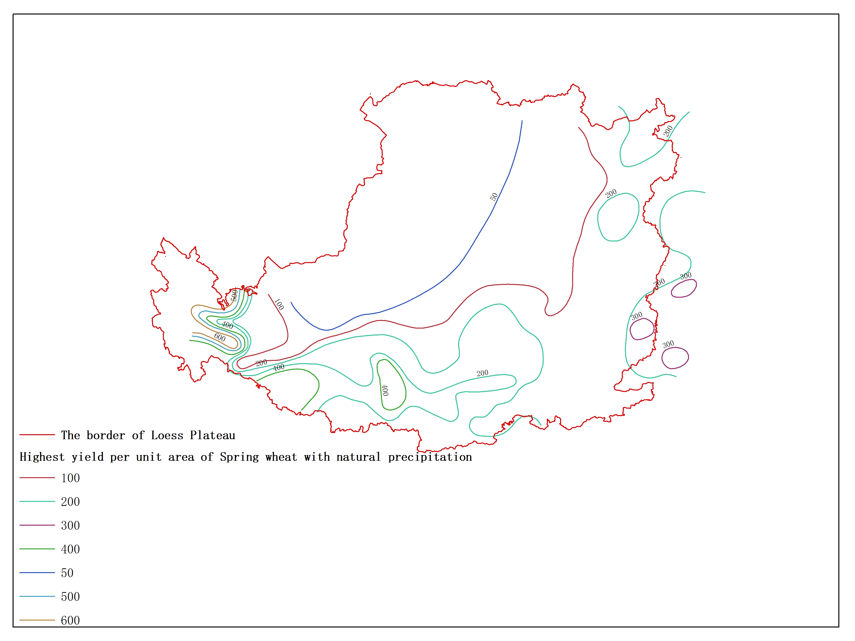 Agricultural climate resource atlas of Loess Plateau-Highest yield per unit area of Spring wheat with natural precipitation