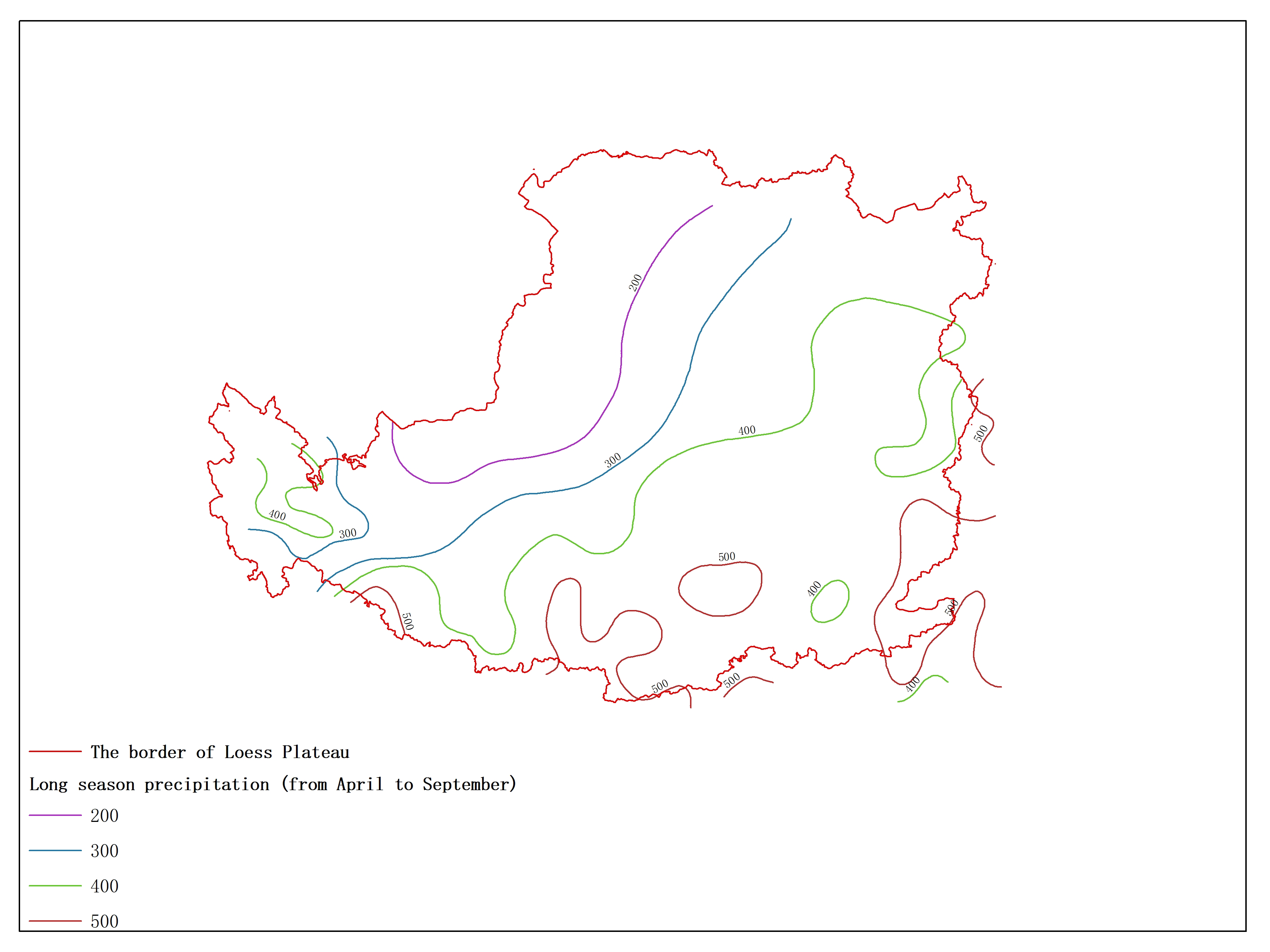 Agricultural climate resource atlas of Loess Plateau-Long season precipitation (from April to September)